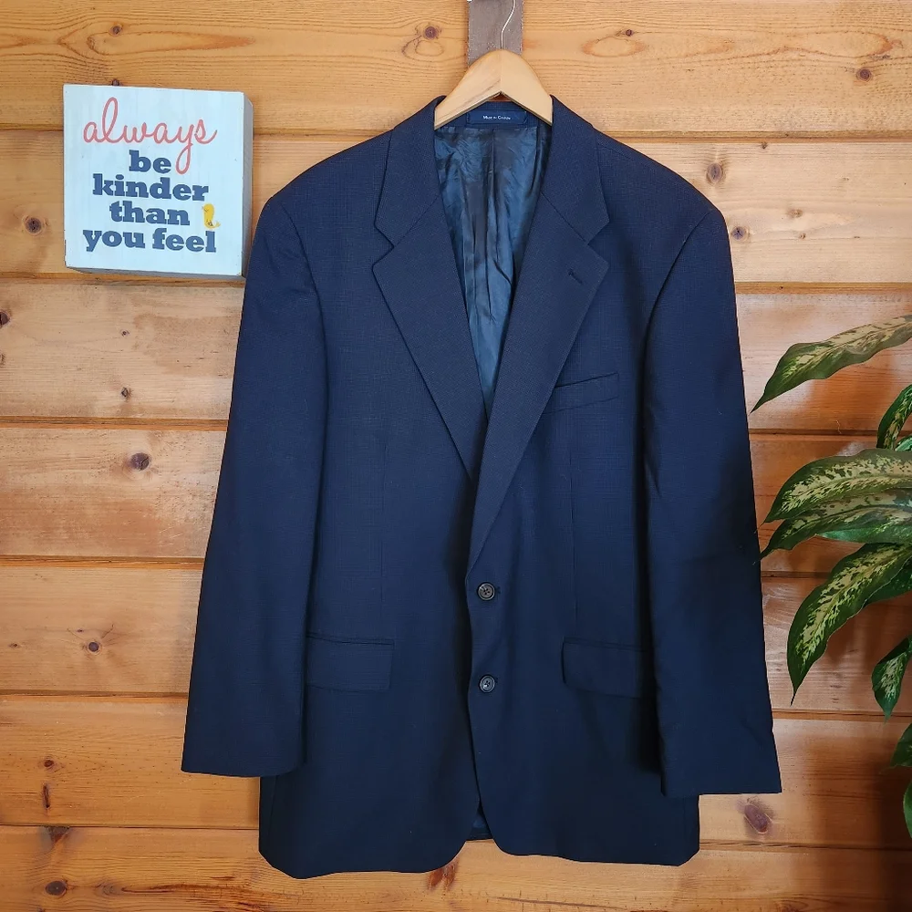 Chaps Ralph Lauren 💙 Wool Blazer Sport Coat Houndstooth Navy Vintage Macys 46 T